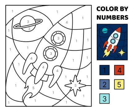 Rocket in open space. Color by number. Coloring page. Game for kids. Kawaii Stock Illustration