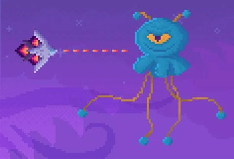 Rocket or plane attack and shoot evil one-eyed monster. Boss of game next to Illustrazione stock