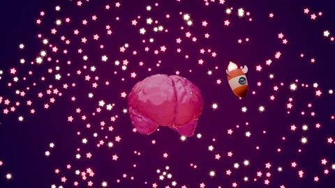 Rocket orbiting glossy transparent brain with stars in space loop Stock Footage 313400959