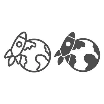 Rocket orbiting planet earth line and solid icon, startup concept, Go to Space Stock Illustration