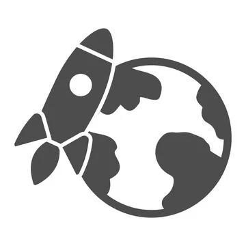 Rocket orbiting planet earth solid icon, startup concept, Go to Space sign on Ilustración de archivo