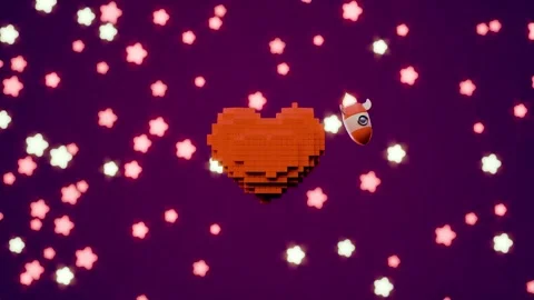 Rocket orbiting voxel heart with glowing stars in endless loop Stock Footage 313400961