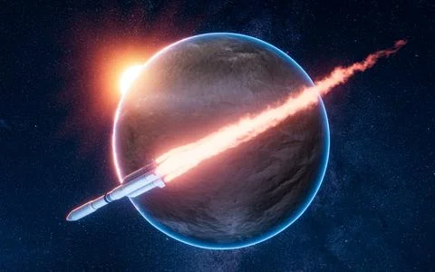 Rocket in the outer space, 3d rendering. Stock-Illustration