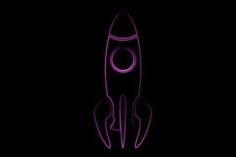 Rocket outline is glowing in flat neon purple design against solid black Stock Illustration