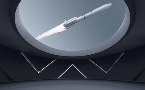 A rocket over a round room, 3d rendering. Stock Illustration