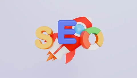 Rocket paired with SEO text and pie chart floating on a white backdrop Stock Illustration