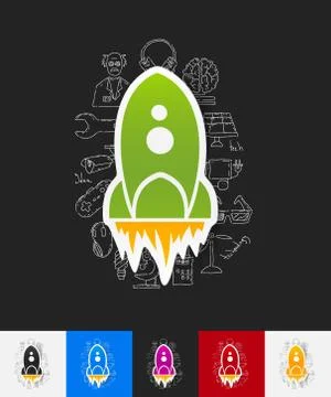 Rocket paper sticker with hand drawn elements 스톡 일러스트