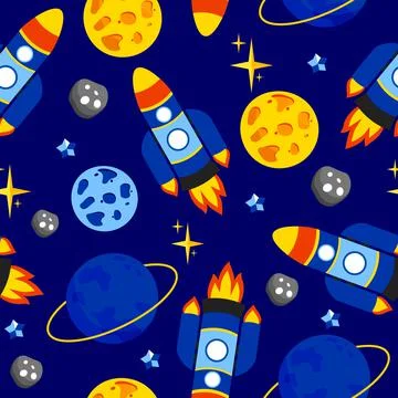 Rocket pattern with a planet stars and asteroids on a dark blue background. A Illustrazione stock