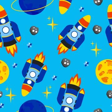 Rocket pattern with a planet stars and asteroids on a blue background. A Illustrazione stock