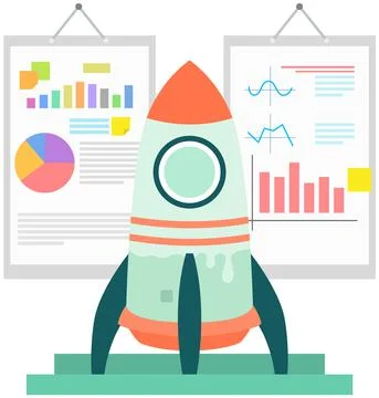 Rocket on pedestal on background of statistics. Data analysis for project Stock Illustration