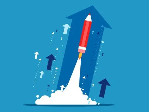 Rocket pencil soars into the sky with a growing arrow. Vector Illustrazione stock
