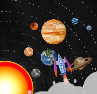 Rocket, planets and sun in space. Solar system Stock Illustration