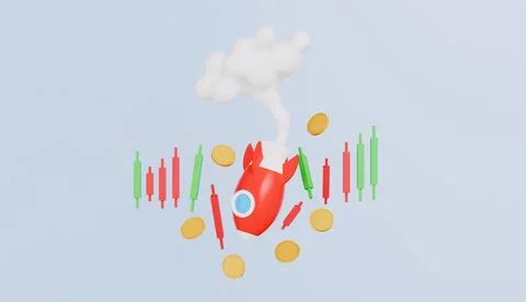 Rocket plummeting with graph chart and coin, Business failure, Price fall Stock Illustration