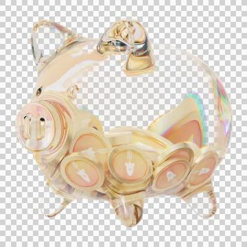 Rocket Pool (RPL) Clear Glass piggy bank with decreasing piles of crypto coins Illustration