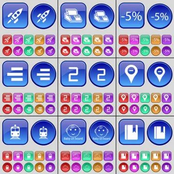 Rocket, Printer, Discount, List, Tow, Checkpoint, Train, Baby on board, Book. A Stock Illustration