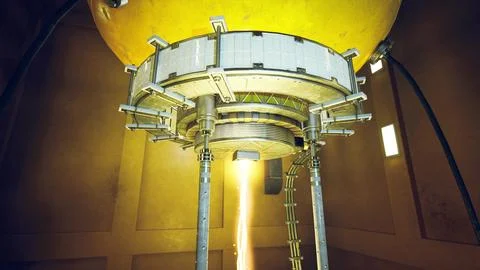 Rocket propulsion system generating flames in a high tech facility Illustrazione stock