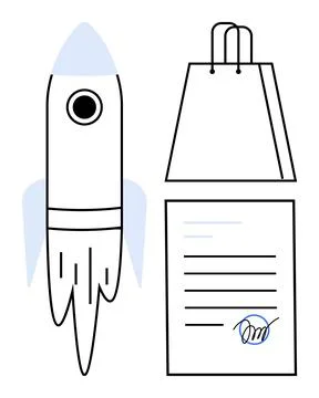Rocket ready for launch next to a shopping bag and signed document. Ideal for Stock Illustration