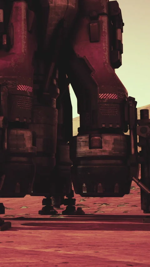 Rocket on a red planet surface with equipment nearby at sunset Stock Footage 339044606