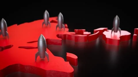 The Rocket on red world map 3d Rendering. Stock Illustration