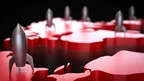 The Rocket on red world map 3d Rendering. Stock Illustration