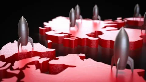 The Rocket on red world map 3d Rendering. Stock Illustration