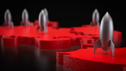 The Rocket on red world map 3d Rendering. Stock Illustration