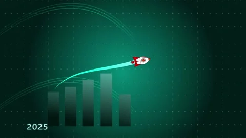 Rocket rising above growth chart in 2025 to 2026 animation, Rising bar char.. Stock Footage 336745819