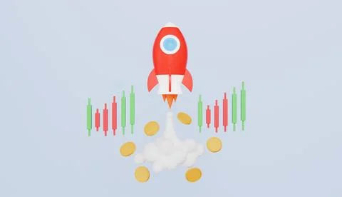 Rocket rising moving up with coins and graph chart, Business startup Stock Illustration