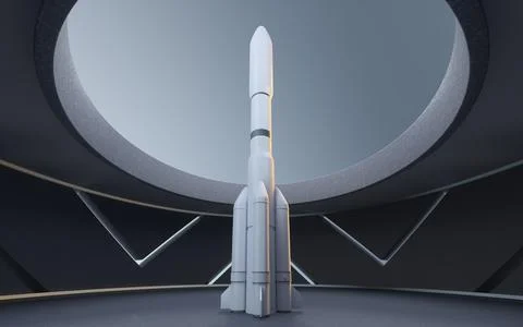 A rocket in a round room, 3d rendering. Illustrazione stock