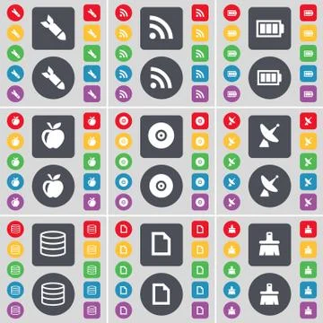 Rocket, RSS, Battery, Apple, Disk, Satellite dish, Database, File, Brush icon sy Stock Illustration
