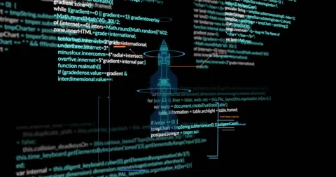 Rocket schematic being displayed on dark code interface, showing concentric Stock Footage 309284878