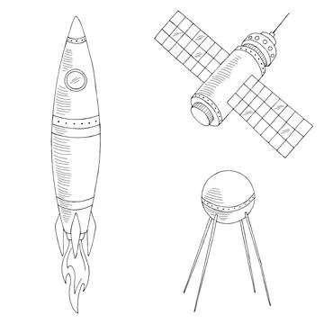 Rocket set satellite graphic black white isolated sketch illustration vector Stock Illustration