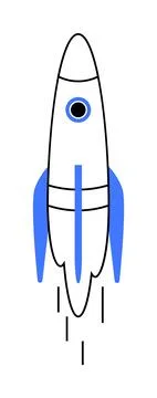 A rocket ship with a blue and white design shown from a front view. The theme Stock Illustration