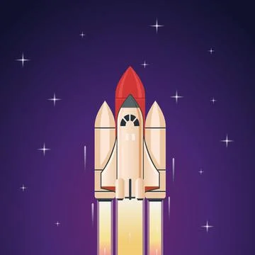 Rocket ship with fire flying into outer space to stars, space travel startup Stock Illustration