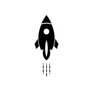 Rocket ship flies up with sky clouds on blue background. Flat icon Stock Illustration