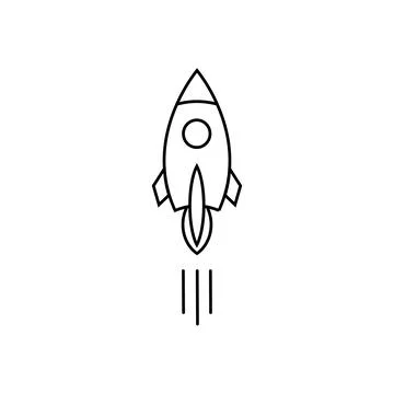 Rocket ship flies up with sky clouds on blue background. Flat icon Stock Illustration