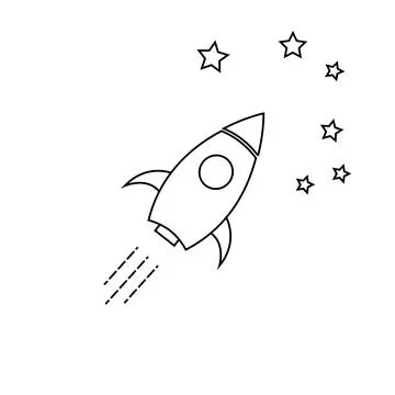 Rocket ship flies up with sky clouds on blue background. Flat icon Stock Illustration