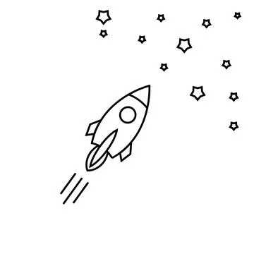 Rocket ship flies up with sky clouds on blue background. Flat icon Stock Illustration