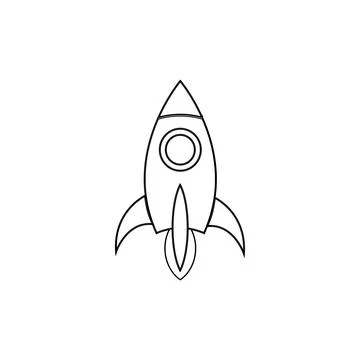 Rocket ship flies up with sky clouds on blue background. Flat icon Stock Illustration
