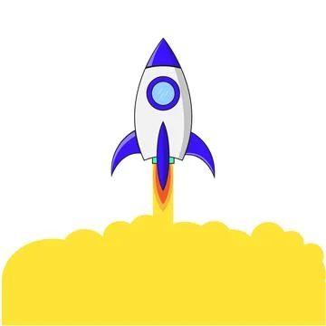 Rocket ship flies up with sky clouds on blue background. Flat icon Stock Illustration