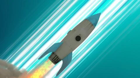 Rocket Ship Flying Through Space. Blue Diagonal Anime Speed Lines. 3d illustr Stock Photos
