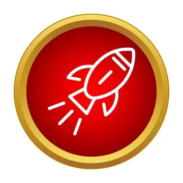 Rocket ship icon launching forward on red button Stock Illustration