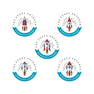 Rocket ship launch space travel sign badge label logo set Stock-Illustration