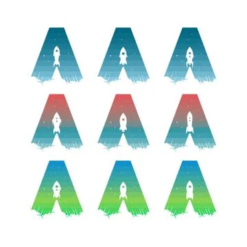 Rocket ship launch space travel alphabet initial set Stock Illustration