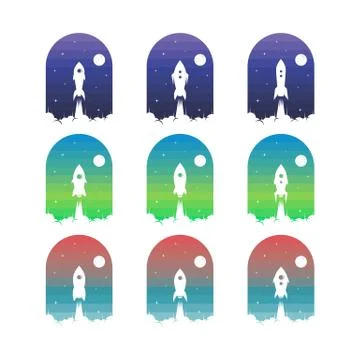 Rocket ship launch space travel sign badge label logo set Stock Illustration