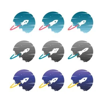 Rocket ship launch space travel sign badge label logo set Stock Illustration