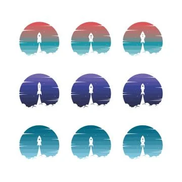 Rocket ship launch space travel sign badge label logo set Stock Illustration