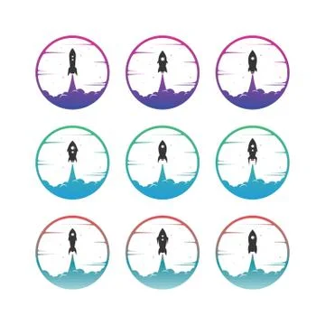 Rocket ship launch space travel sign badge label logo set Stock Illustration