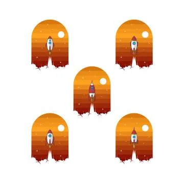 Rocket ship launch space travel sign badge label logo set Stock Illustration