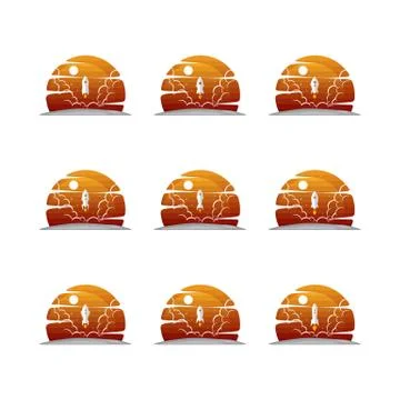 Rocket ship launch space travel sign badge label logo set Stock Illustration